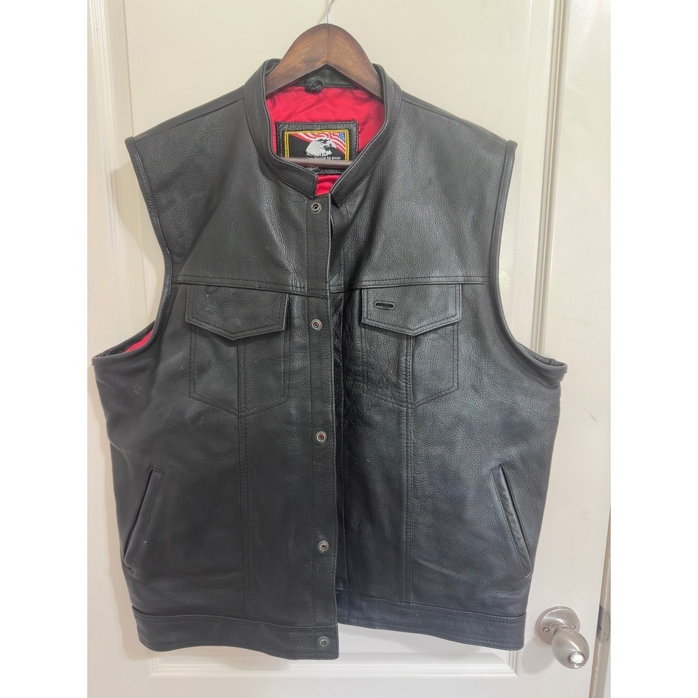 Men's XL/XXLGenuine Leather Motorcycle Vest Conceal Carry CCW Black Snap Sturgis